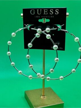 GUESS Silver Hoop Earrings with White Pearl Accents